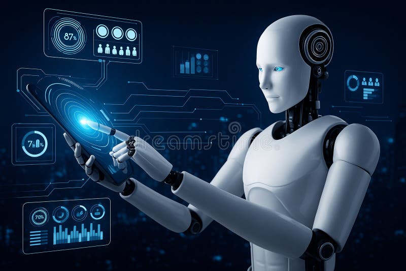 Image of a humanoid robot interacting with holographic digital charts and analytics in a futuristic high tech royalty free illustration.
