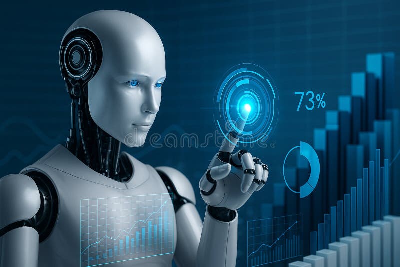Image of humanoid robot interacting with holographic economic graphs and data analytics in futuristic tech vector illustration.