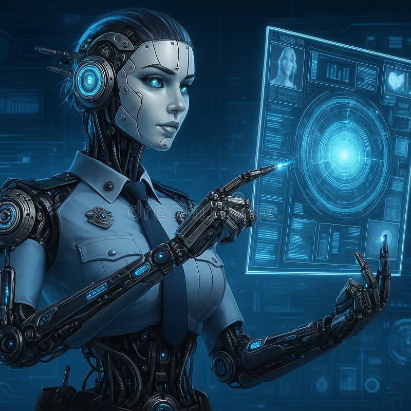 Image of a humanoid robot policewoman in a high-tech uniform interacting with a transparent holographic interface in vector illustration.