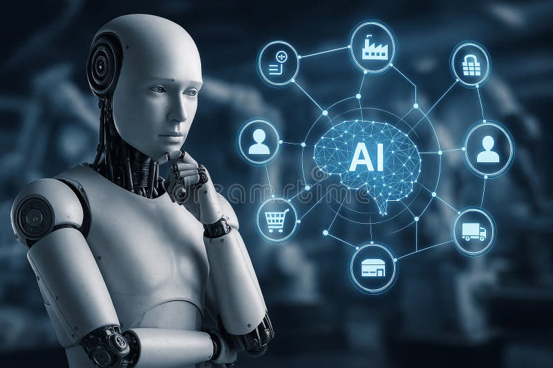 Image of humanoid robot in thinking pose analyzing connected holographic icons representing logistics industry stock illustration.