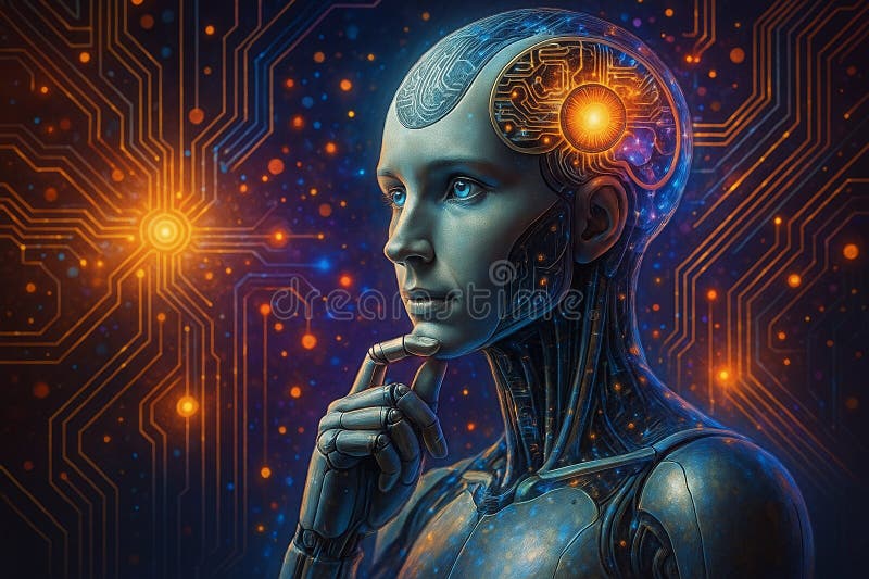 AI generated image of a humanoid robot in a thoughtful pose with glowing circuits and a visible brain representing artificial intelligence and data processing