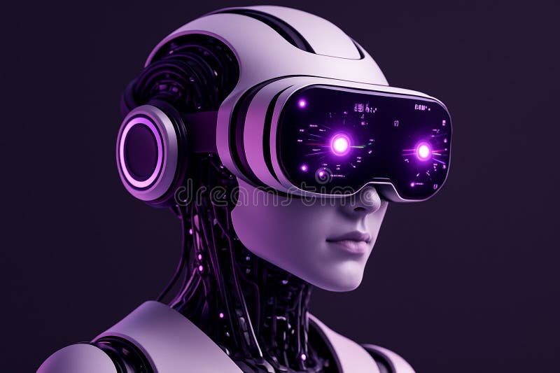 Image of a humanoid robot wearing a high-tech VR headset with glowing interface in a clean futuristic environment royalty free illustration.