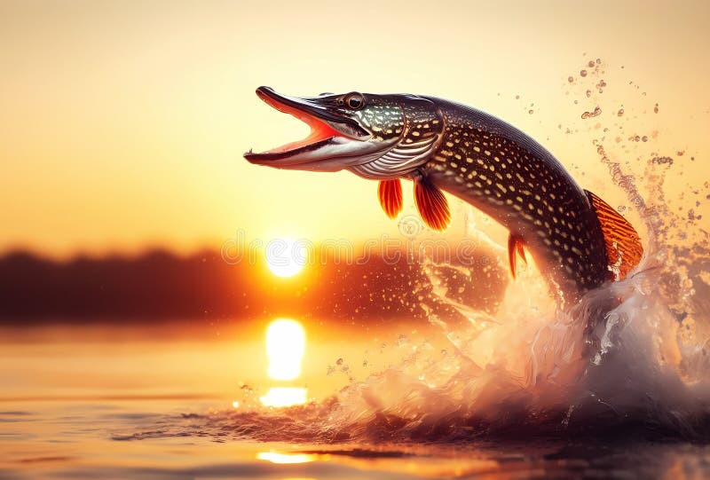 Northern pike jumping in the sun set stock illustration