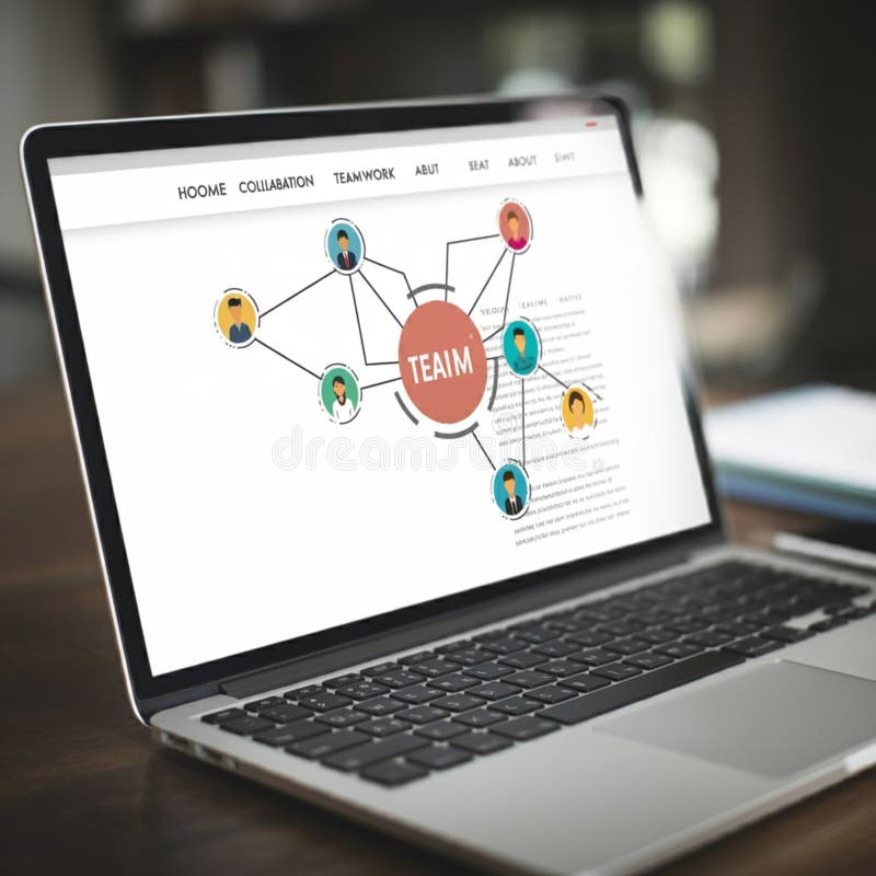 AI-Generated Image of Laptop Displaying Network Diagram with \'TEAM\' at the Center royalty free illustration