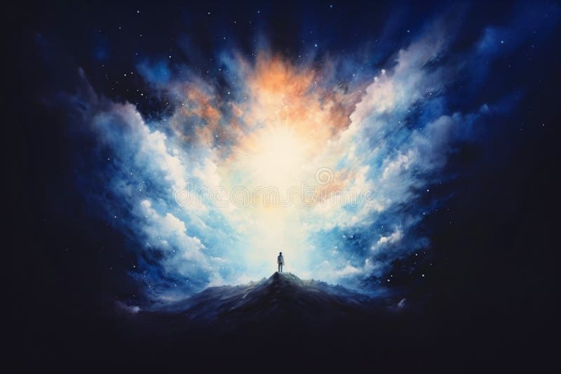 Man standing on the edge of a mountain in the night sky with clouds vector illustration
