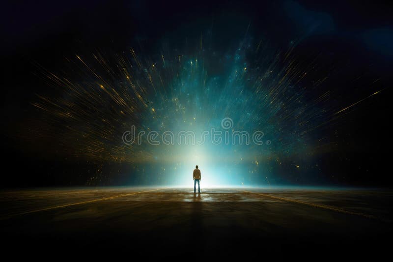 Man standing in front of a glowing portal vector illustration