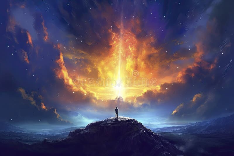 Man standing on the top of a mountain in a fantasy space stock illustration