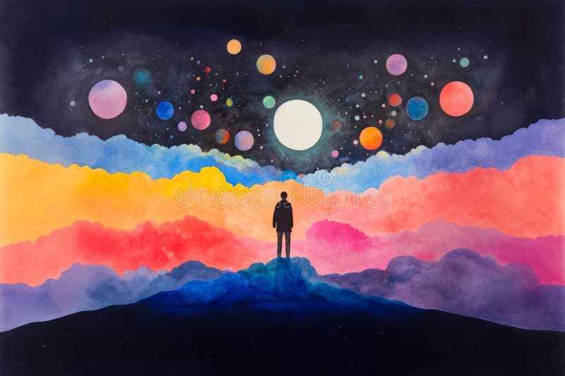 Man standing on top of a mountain and looking at the moon. vector illustration
