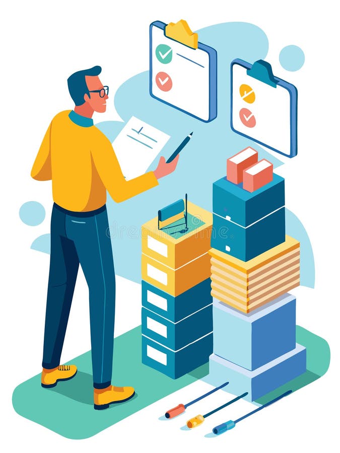 AI Generated image of a middle-aged man reviewing handwritten customer feedback forms, organizing them into categorized folders