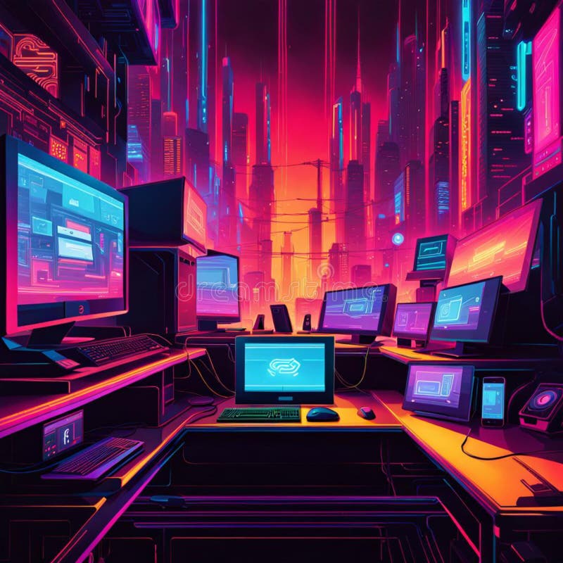 Image of multiple computer systems and several communication devices in a futuristic world royalty free illustration.