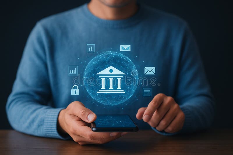 Image of a person using smartphone with holographic digital banking icons in a dark secure tech environment vector illustration.