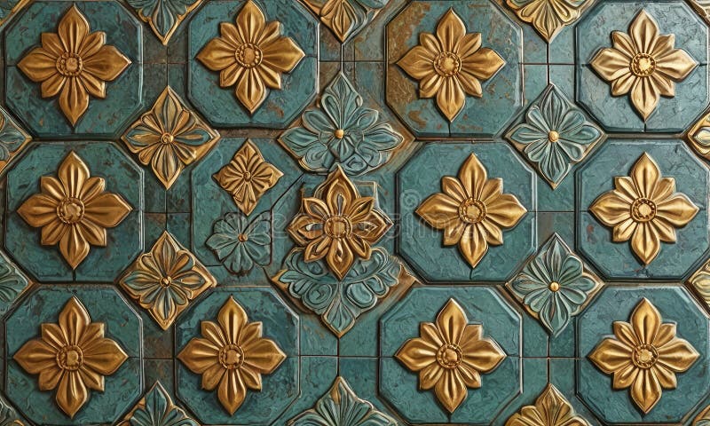 A wall with a tile pattern of gold and blue flowers. vector illustration