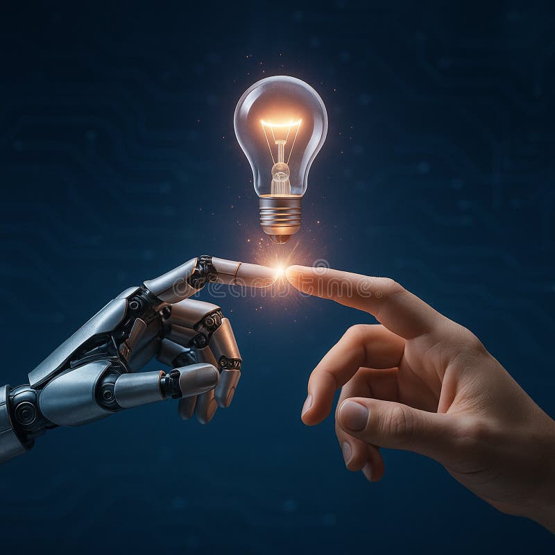 Image of a robotic and human finger touching to spark a glowing lightbulb symbolizing creativity connection stock illustration.