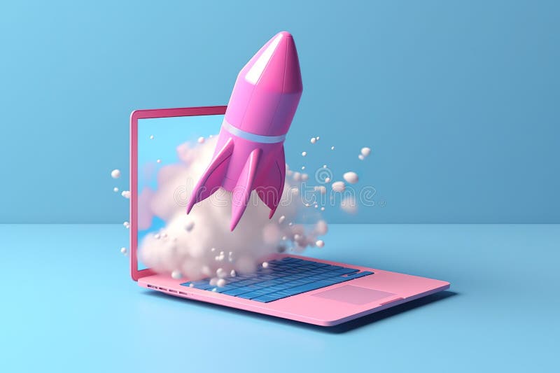 Image of rocket take off from laptop vector illustration.