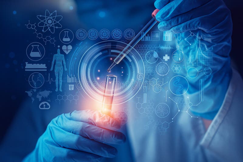 Image of a scientist using a dropper with digital medical and biotechnology icons showing advanced research royalty free illustration.