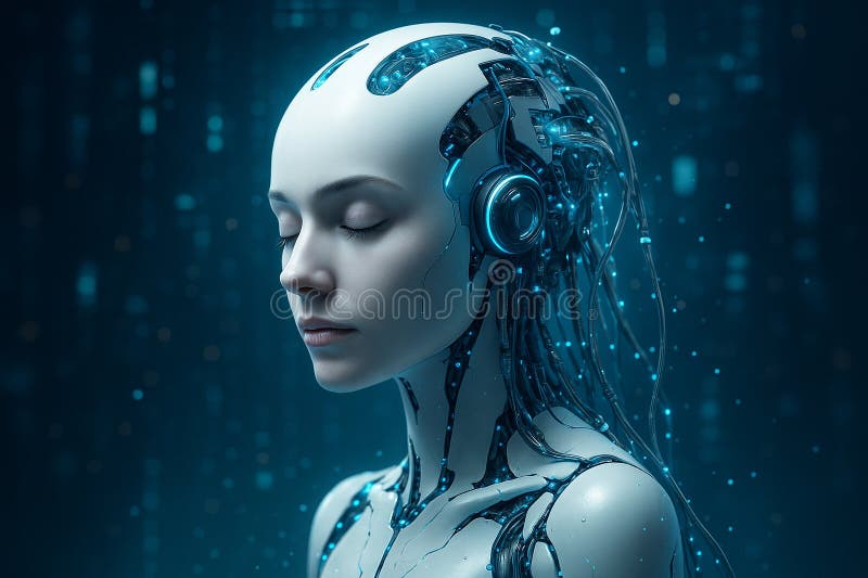 Image of a serene female android with closed eyes connected to visible circuits glowing in a futuristic digital stock illustration.