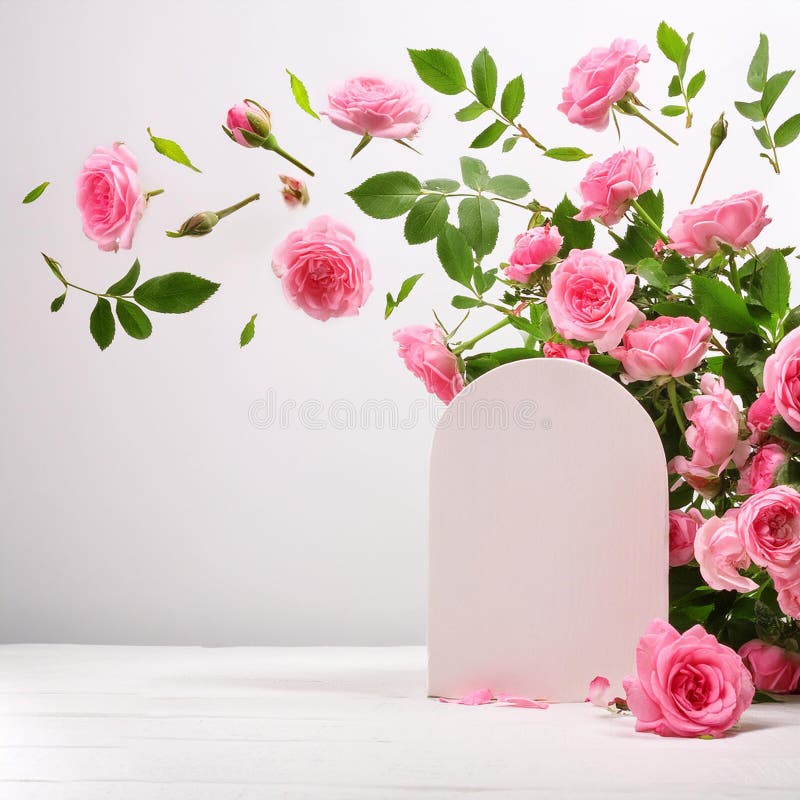AI-generated Spring Abstract Stage with Arch of Pink Fresh Spray Roses and Levitating Buds royalty free illustration
