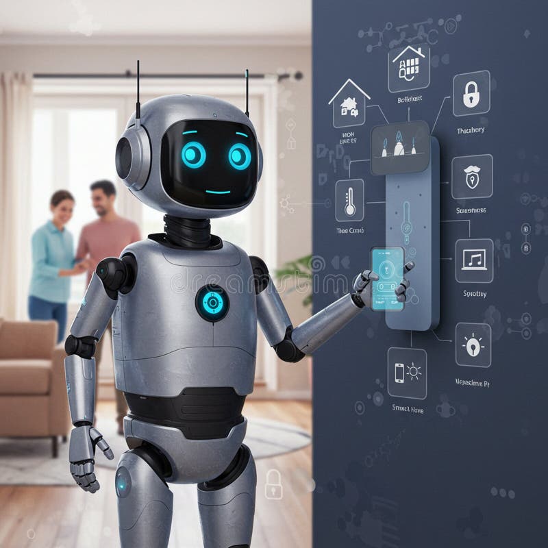AI-generated image showcasing a humanoid robot interacting with a smart home vector illustration