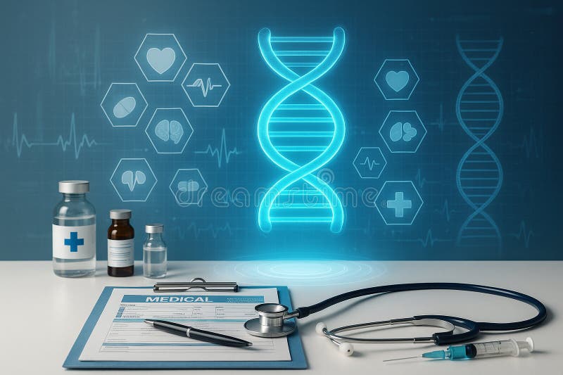 Image showing a clean medical desk with digital DNA interface and diagnostics tools representing futuristic stock illustration.