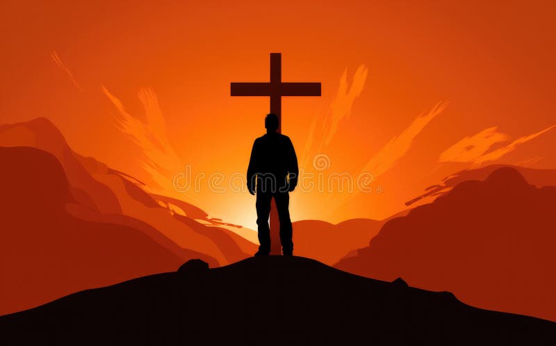 Silhouette of a man with a cross on top of a mountain. stock illustration