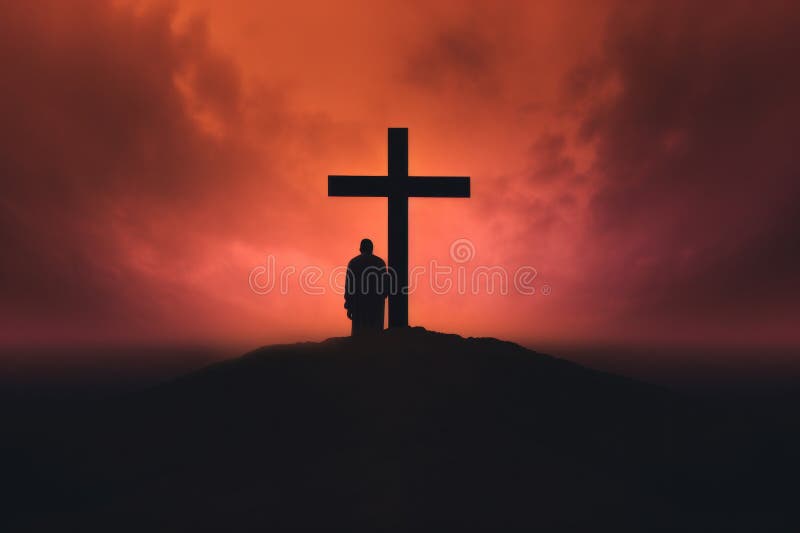 Silhouette of a man standing in front of a cross. vector illustration
