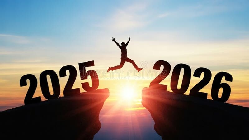 New Year Transition Concept Silhouette Jumping from 2025 to 2026 Sunrise Background Inspirational Leap Forward Design Element for stock illustration