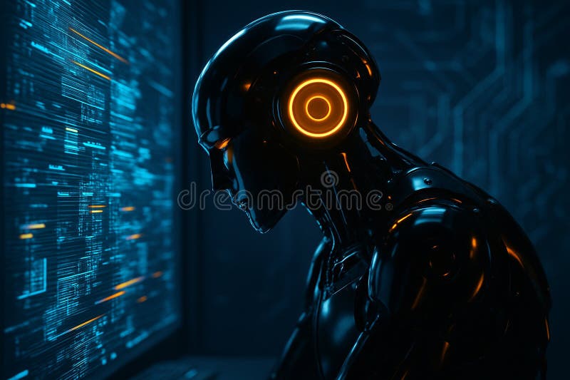 Image of a sleek black humanoid robot scanning a glowing digital interface in a futuristic control room with a high- stock illustration.