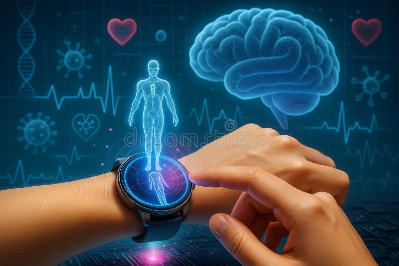Image of a smartwatch projecting a glowing 3D human body while a user interacts with real time health data vector illustration.