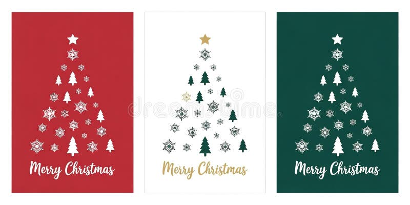 Christmas Greeting Card Design Red White Green Snowflakes Trees Star Holiday Seasonal Illustration Merry Christmas Typography royalty free illustration