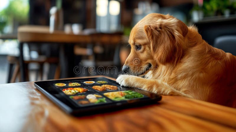 On a tablet displaying a selection of dishes, a dog selects one by pressing on it with his paw stock illustration