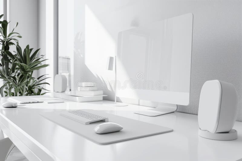 White workplace with desktop monitor, soundbars, computer mouse and keyboard in futuristic office vector illustration