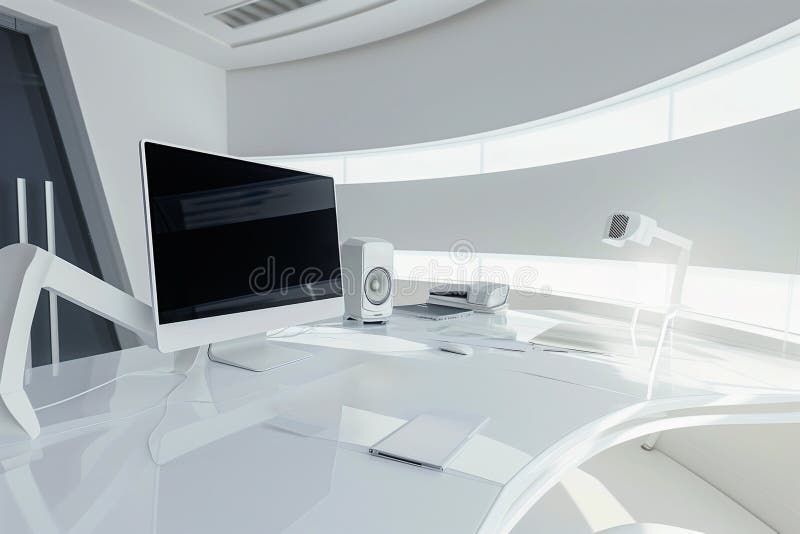 White workplace with desktop monitor, soundbars, computer mouse and keyboard in futuristic office royalty free illustration