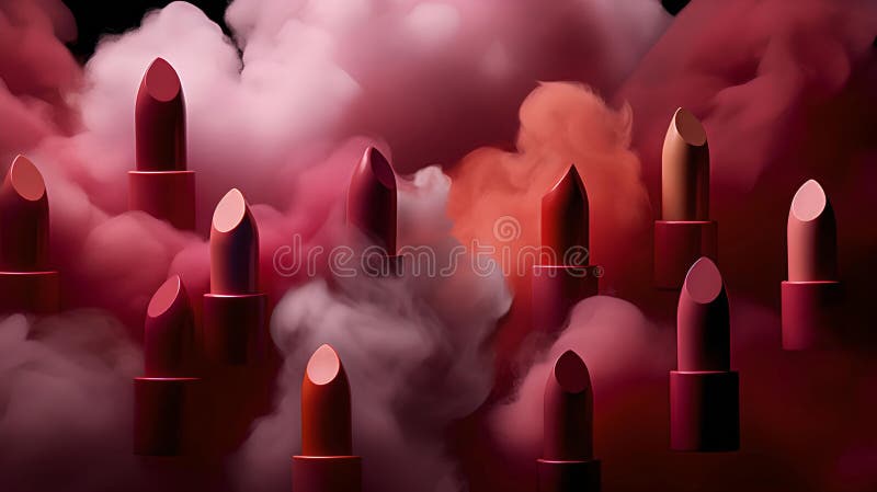 AI-generated lipsticks in various shades surrounded by vibrant pink and red smoke royalty free illustration