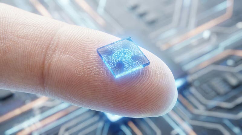 Tiny AI Microchip on Fingertip Over Circuit Board Background stock illustration