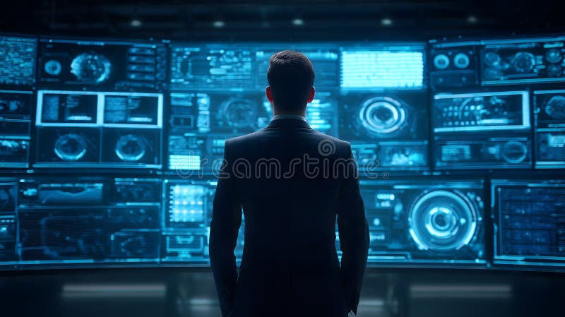 A man in a suit with AI stands in front of a high-tech control room stock photos