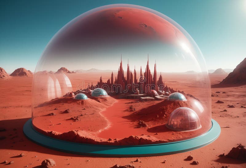 Mars Base. Fantasy image of city under a glass dome on red desert planet stock illustration