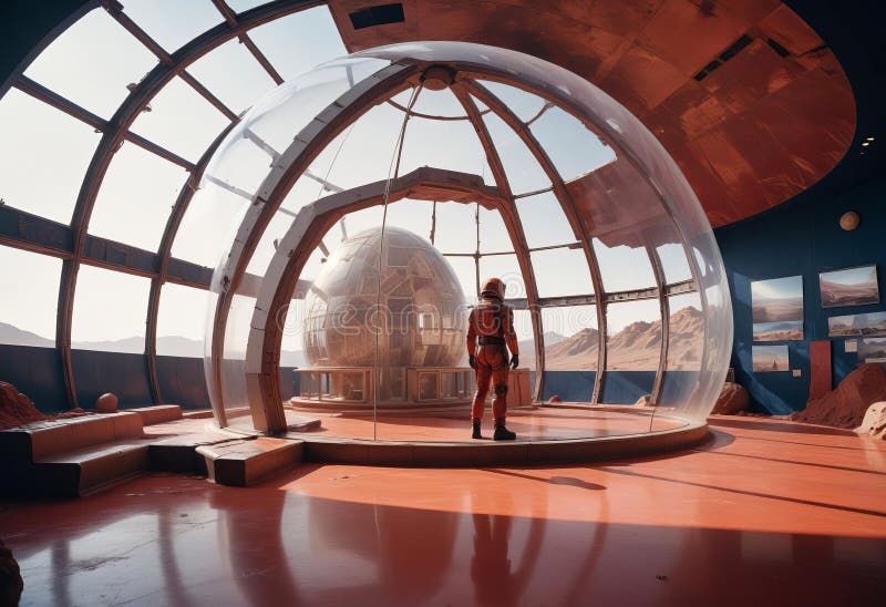 Mars Base. Fantasy image of city under a glass dome on red desert planet stock illustration