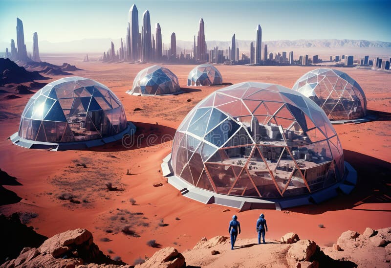 Mars Base. Fantasy image of city under a glass dome on red desert planet royalty free illustration