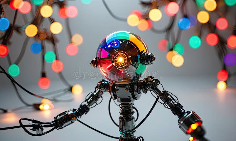 A robot with a light on it is standing on a table. stock illustration
