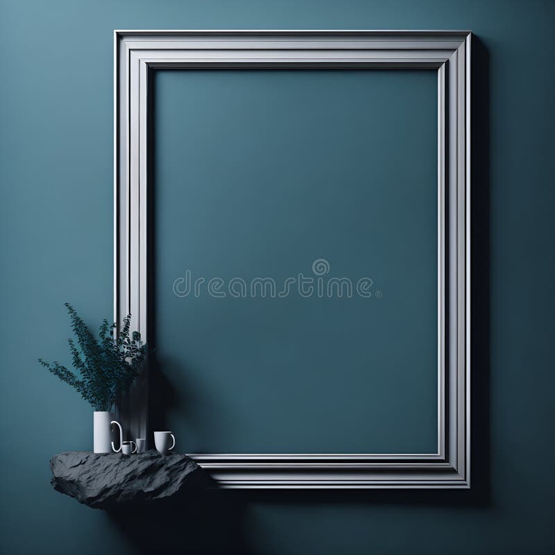 A Blue Wall with a Silver Frame and a Plant Stock Illustration