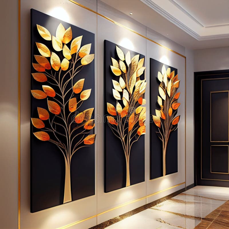 Golden Tree Leaves Wall Decor, Made with Generative AI Stock