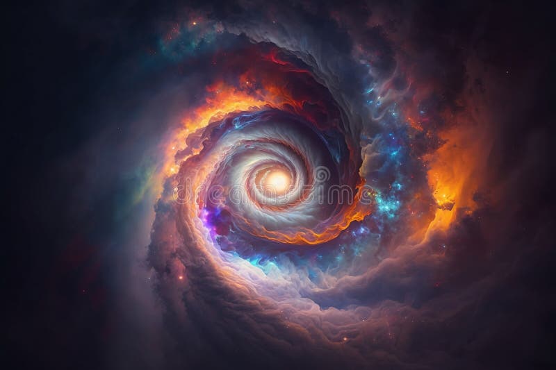 Mysterious multicolored spiral space galaxy stock illustration