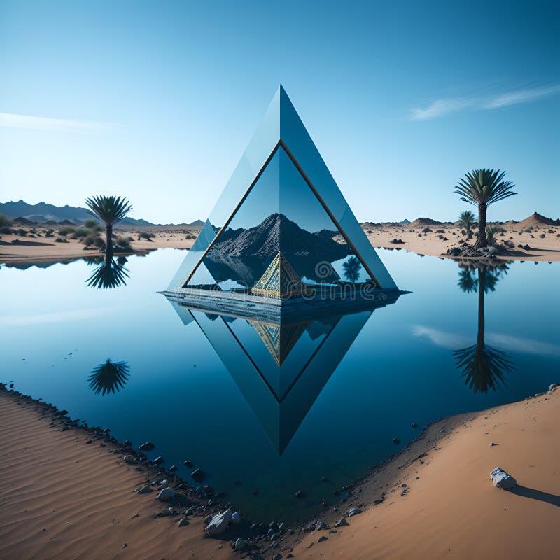 A mysterious pyramid-shaped structure on a serene lake royalty free illustration.