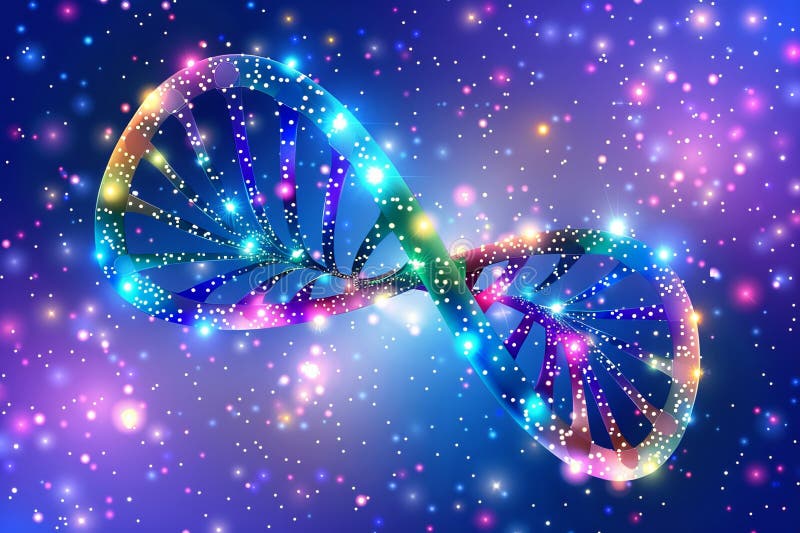 Neon lit DNA helix in a vibrant cosmic setting, merging science with art in a dazzling display of genetic structure and biotech stock photos
