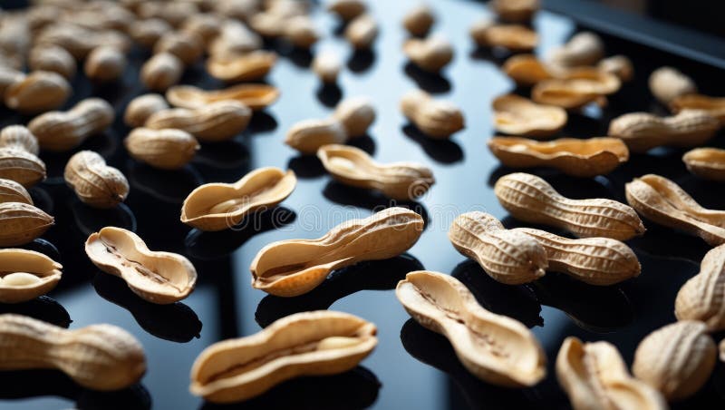 Open peanut shells arranged on a glossy surface. royalty free stock images
