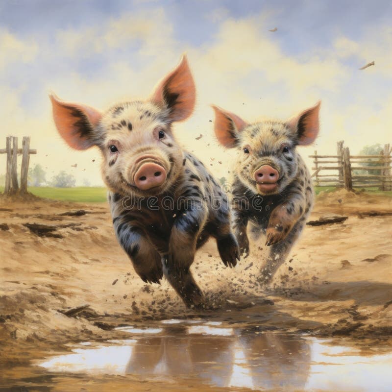 A pair of playful piglets frolicking in a muddy puddle, their joyful squeals echoing through the farm by vector illustration.