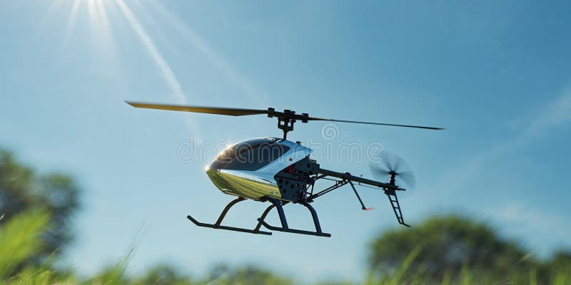 Remote control helicopter flying outdoors on a sunny day. stock photography