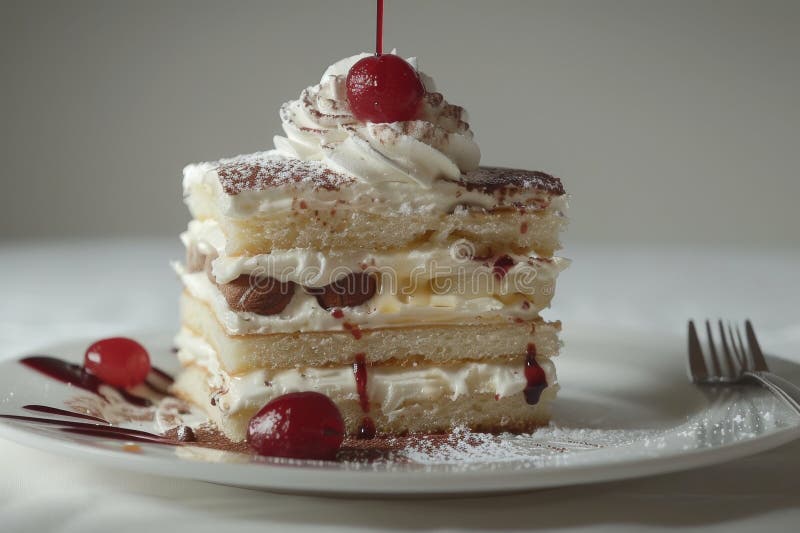 Rich Layered Cake with Cherry Topping and Powdered Sugar on a White Rich Layered Cake with Cherry Topping and Powdered Sugar on a White
