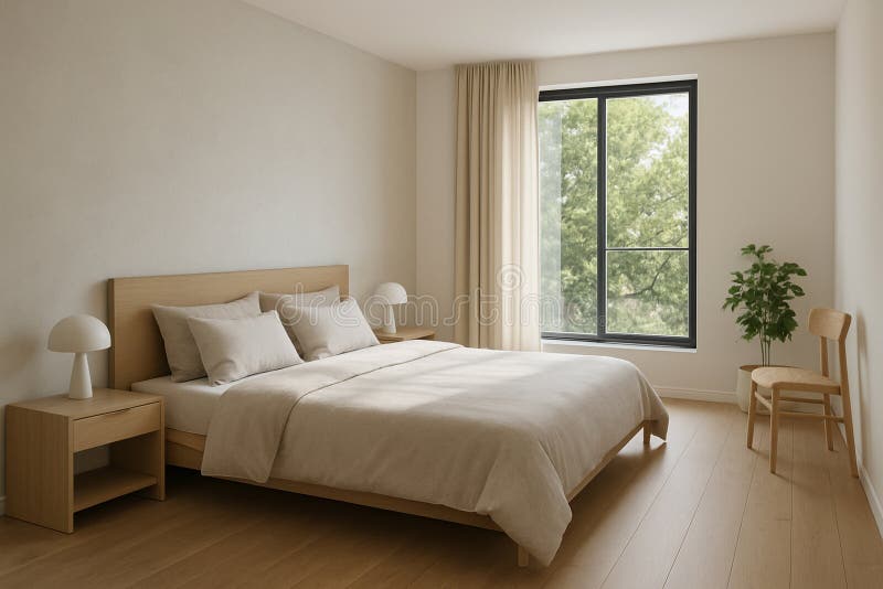 Spacious bedroom with a large bed in light colors vector illustration