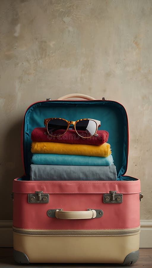 ai generated. Suitcase with stack of clothes and sunglasses on grey wall background